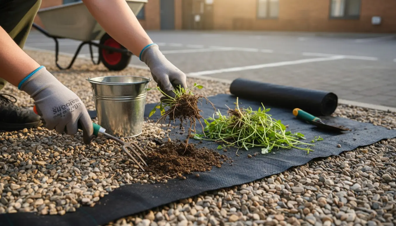 Handskerede hænder trækker ukrudt op mellem små ærtesten på en tom gårdsplads.