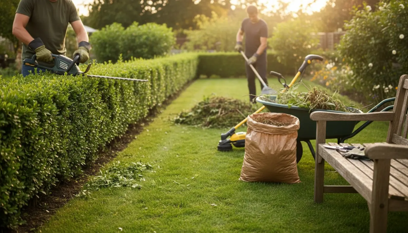 Havearbejde med hækklipning, lugning, kanttrimning og oprydning i en parcelhave.