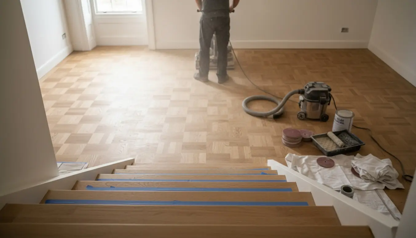 Ryddet førstesalsrum med en håndværker, der sliber og olierer massiv parketgulv og trappens trin.