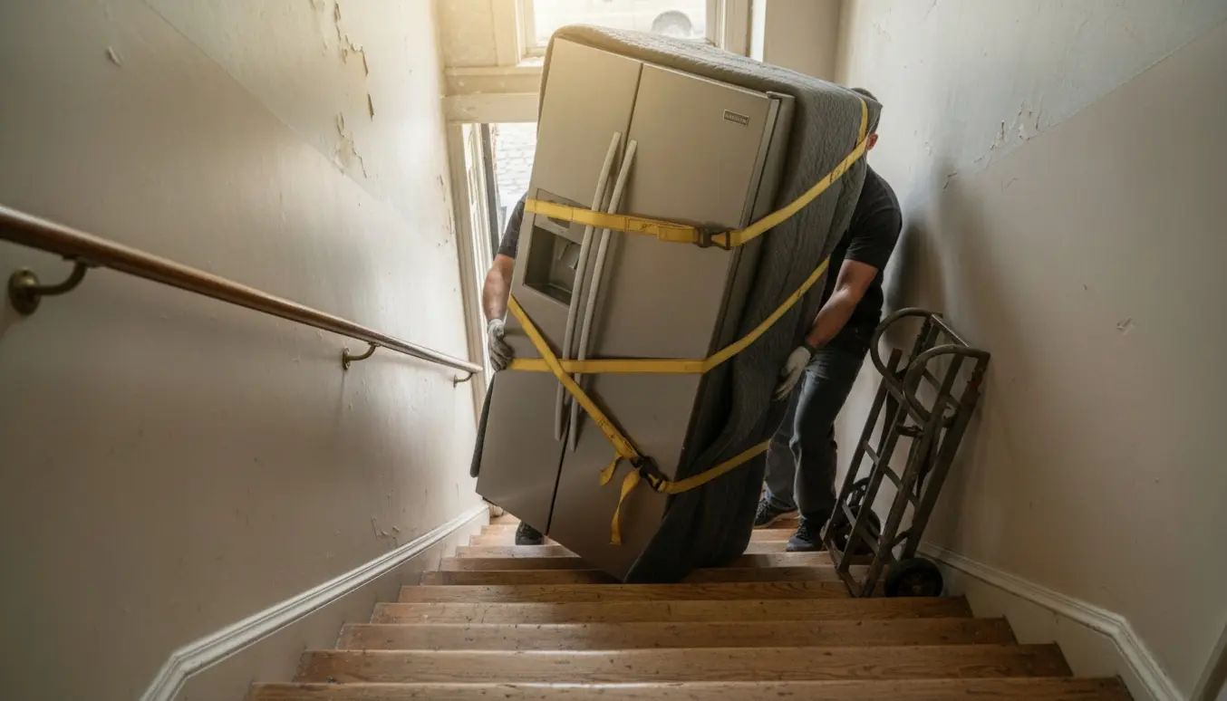 To flyttemænd bærer et stort amerikansk køleskab ned ad en smal, stejl trappe i et gammelt byhus.