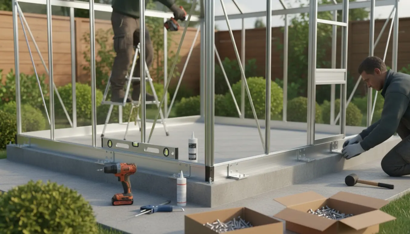 Montering af et mellemstort drivhus på en færdig sokkel med værktøj og handsker synlige.