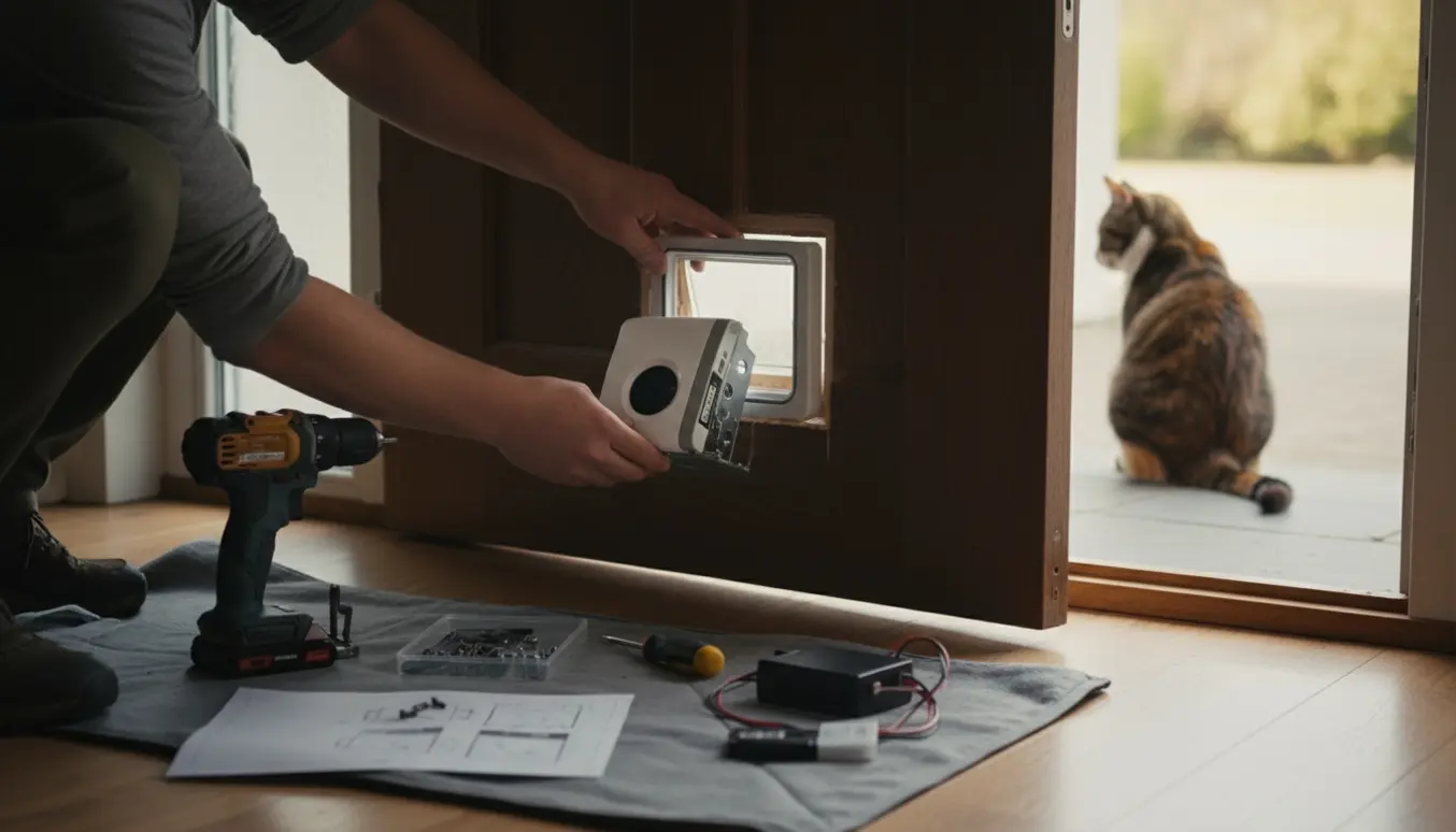 Nærbillede af hænder, der monterer en elektronisk kattelem med chip i en hoveddør, mens en kat venter ved dørkanten.