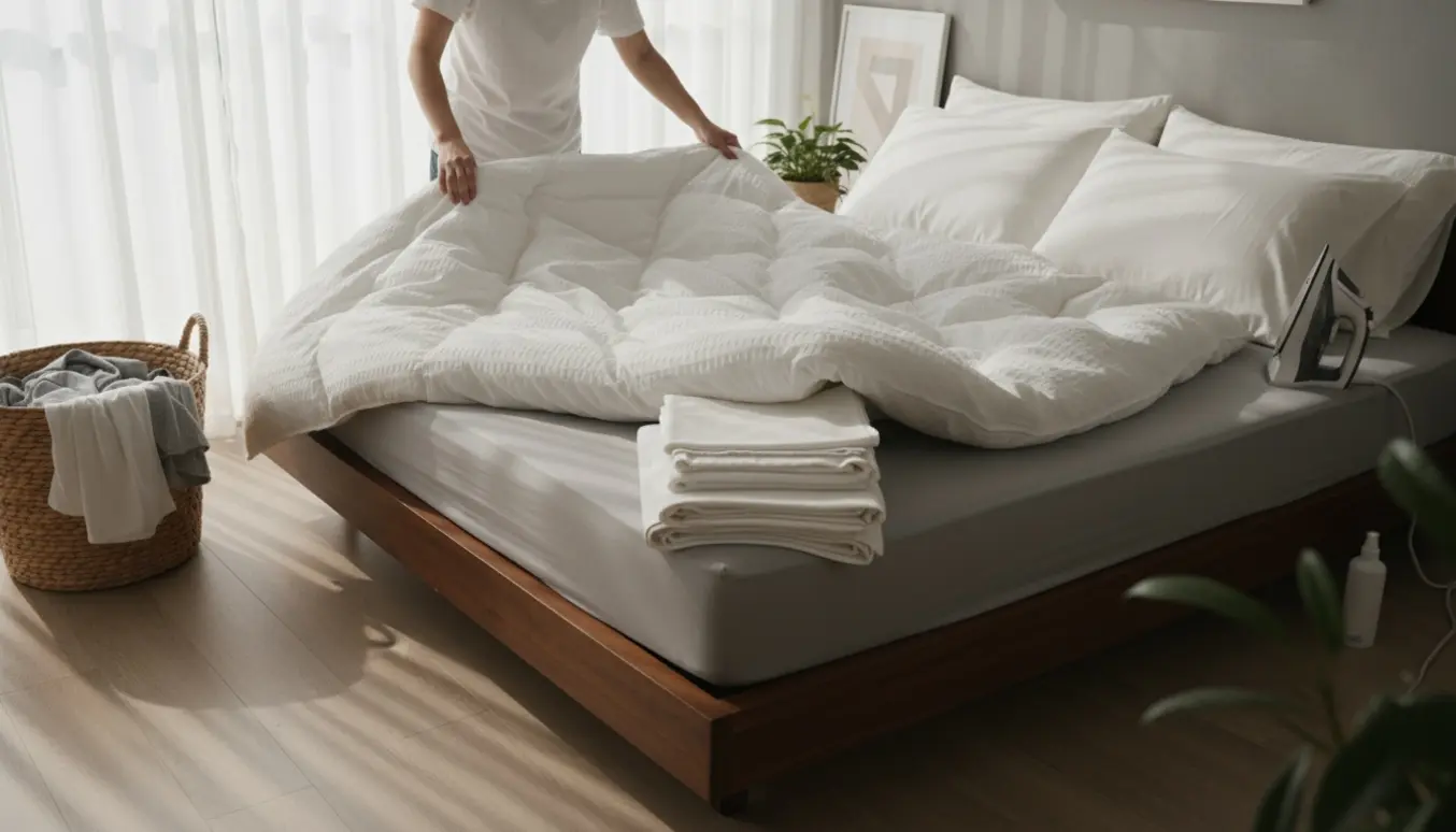Hænder skifter rent sengetøj på en Airbnb-seng med vasketøjskurv i naturligt morgenlys.