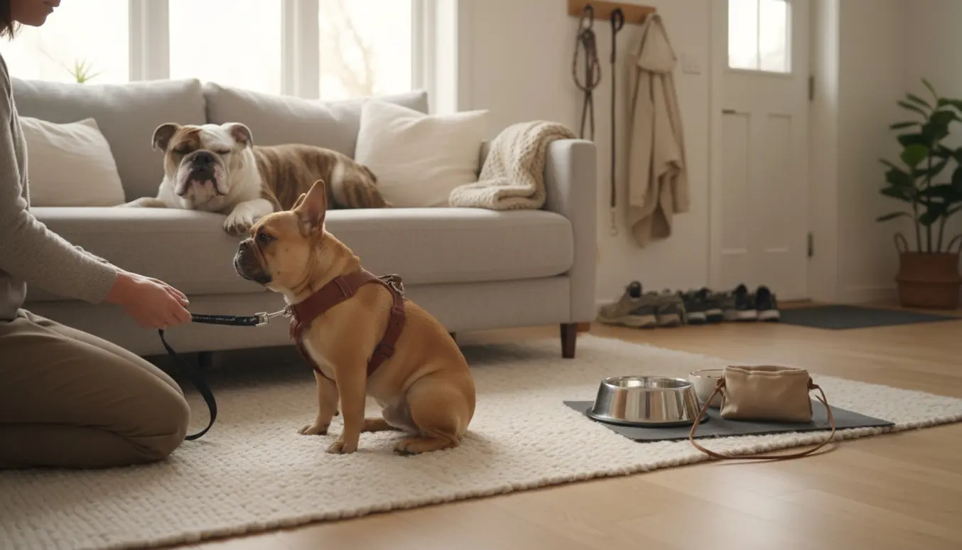 En fransk og en engelsk bulldog i en lys, hyggelig stue, hvor en hundepasser kun ses ved hænderne og sætter snor på den ene.