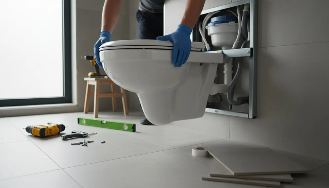 Hænder monterer et nyt væghængt toilet i et lyst, moderne badeværelse.