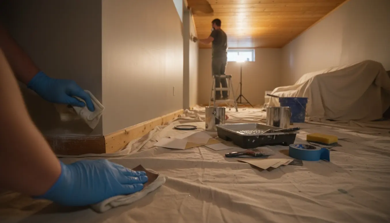 Hænder pudser og sliber en gulvliste i en lav kælder, mens vægge og træloft forberedes til maling.