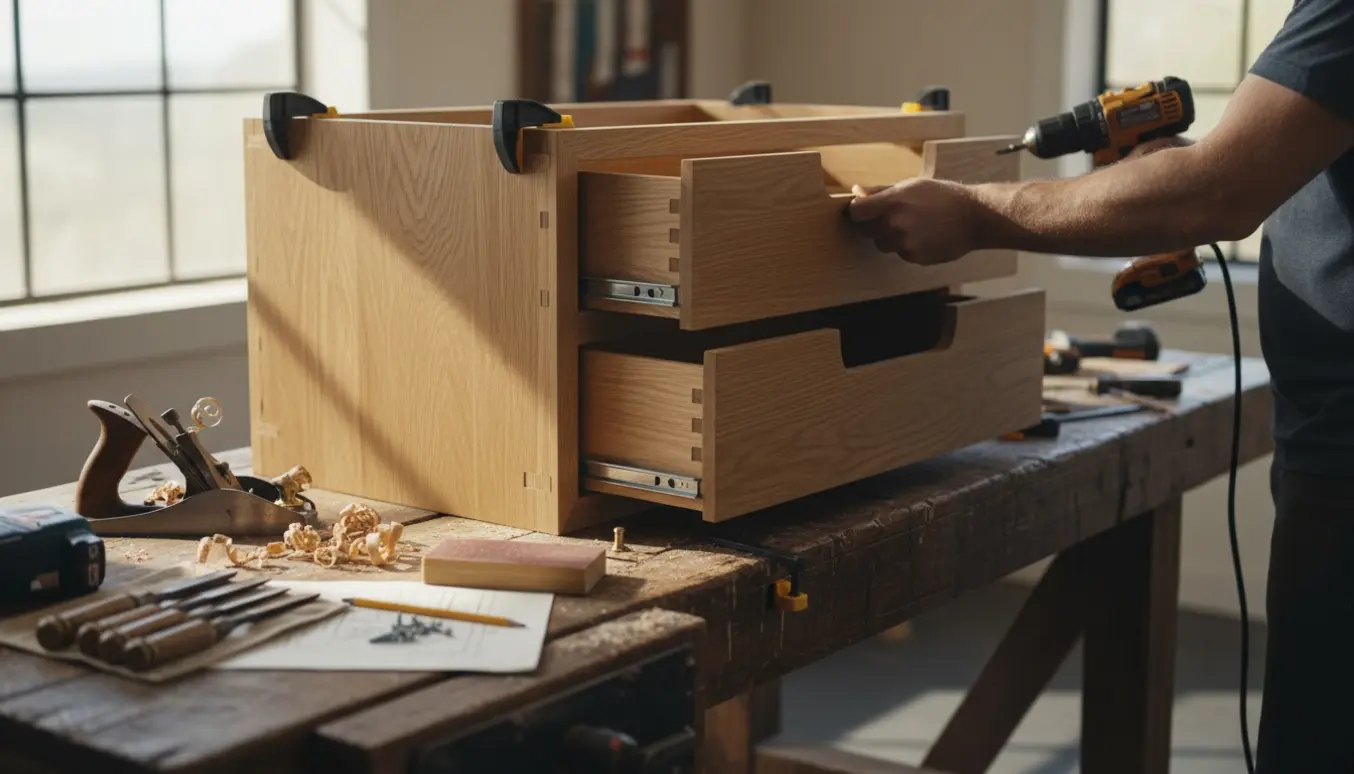 Delvist samlet kommode på et arbejdsbord i et lyst værksted, med træ, værktøj og hænder, der justerer en skuffe.