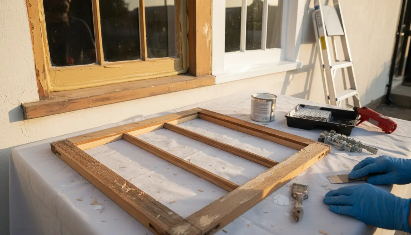 Udvendig husfacade med flere vinduesrammer under istandsættelse, arbejdshænder sliber og retter træ før maling.