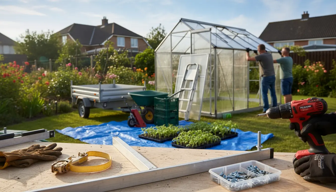 Nedtagning, flytning og genopsætning af et drivhus i en have med værktøj, paneler og potteplanter.