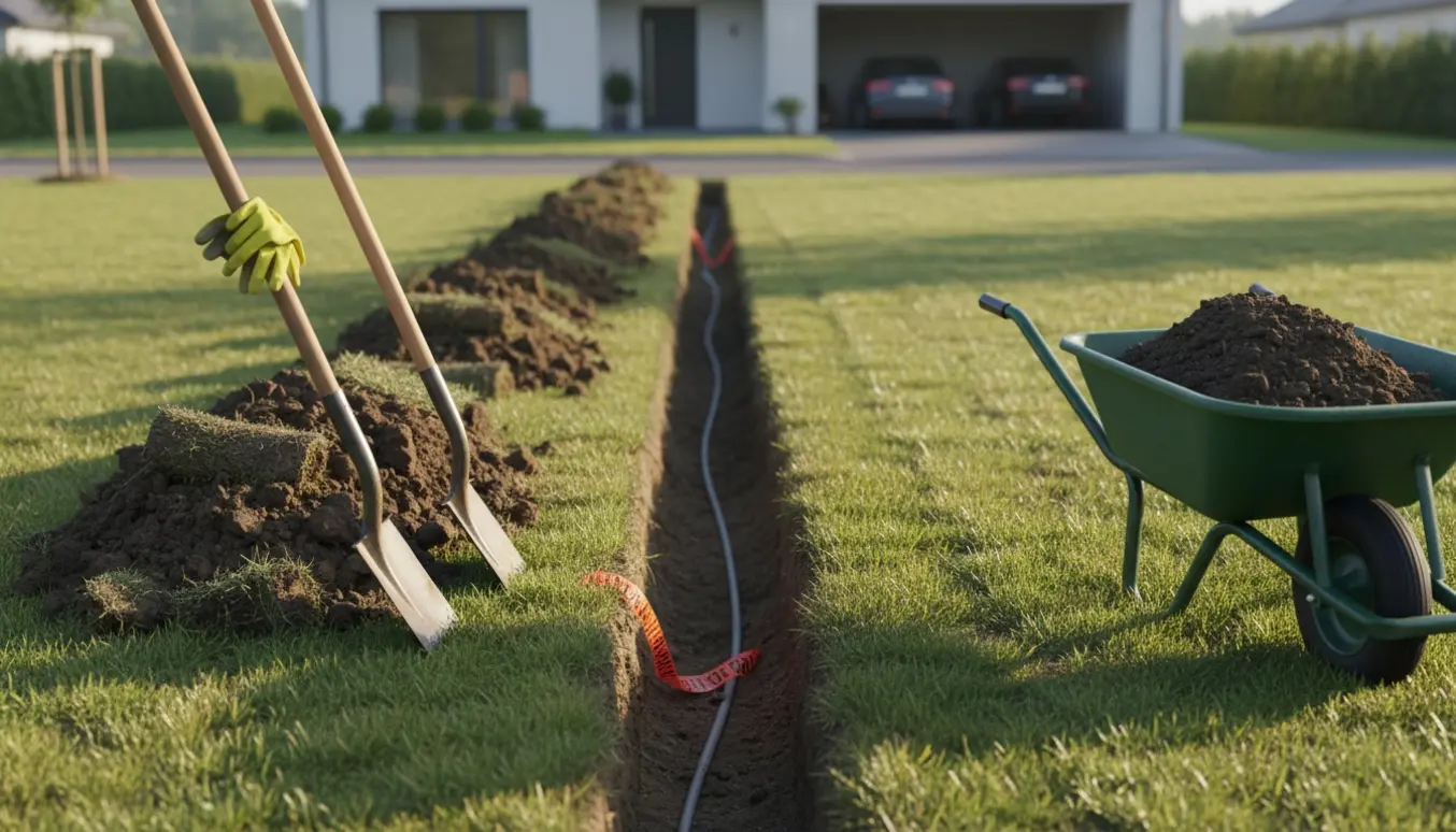 Nygravet smal rende fra græsplæne til carport med PVC-rør, værktøj og bunker af jord.