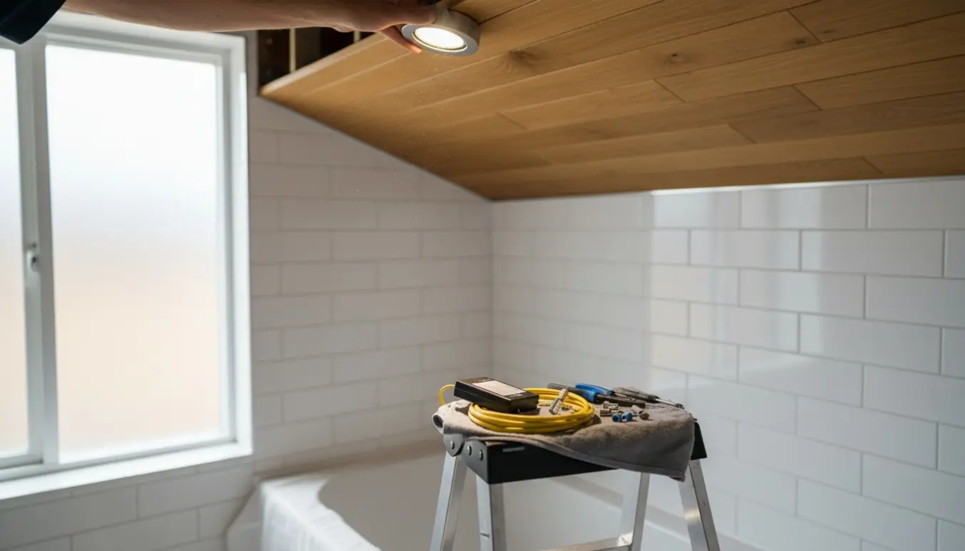 Elektriker monterer et LED-spot i et nyt træloft i et badeværelse under renovering, kun hænder og værktøj er synlige.