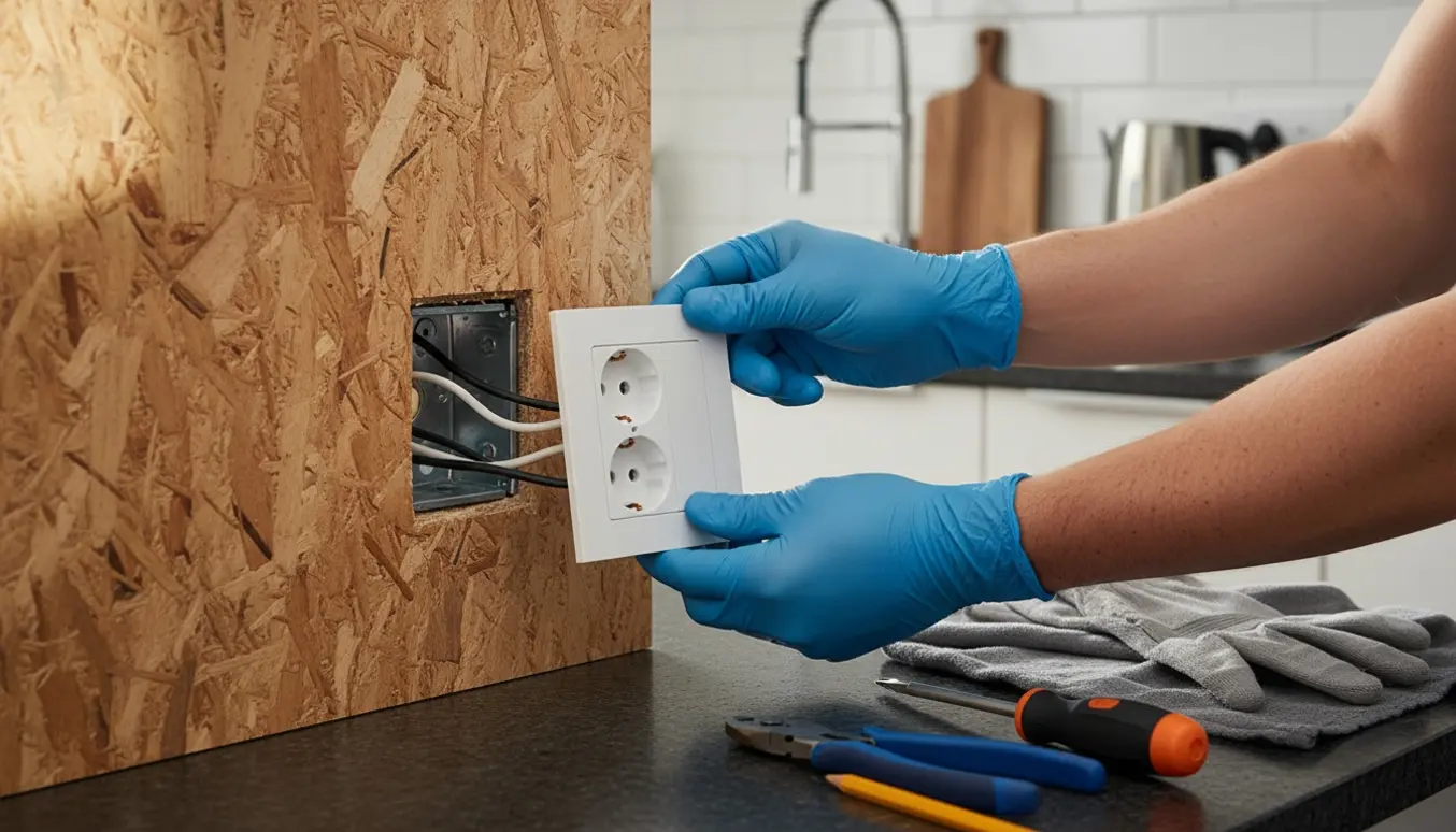 Hænder monterer et hvidt dobbeltstik gennem en udskåret spånplade i et køkken.