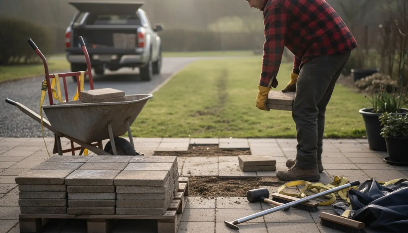 Stakke af firkantede terrassefliser i en baghave med trillebør og en håndværker set bagfra klar til afhentning.