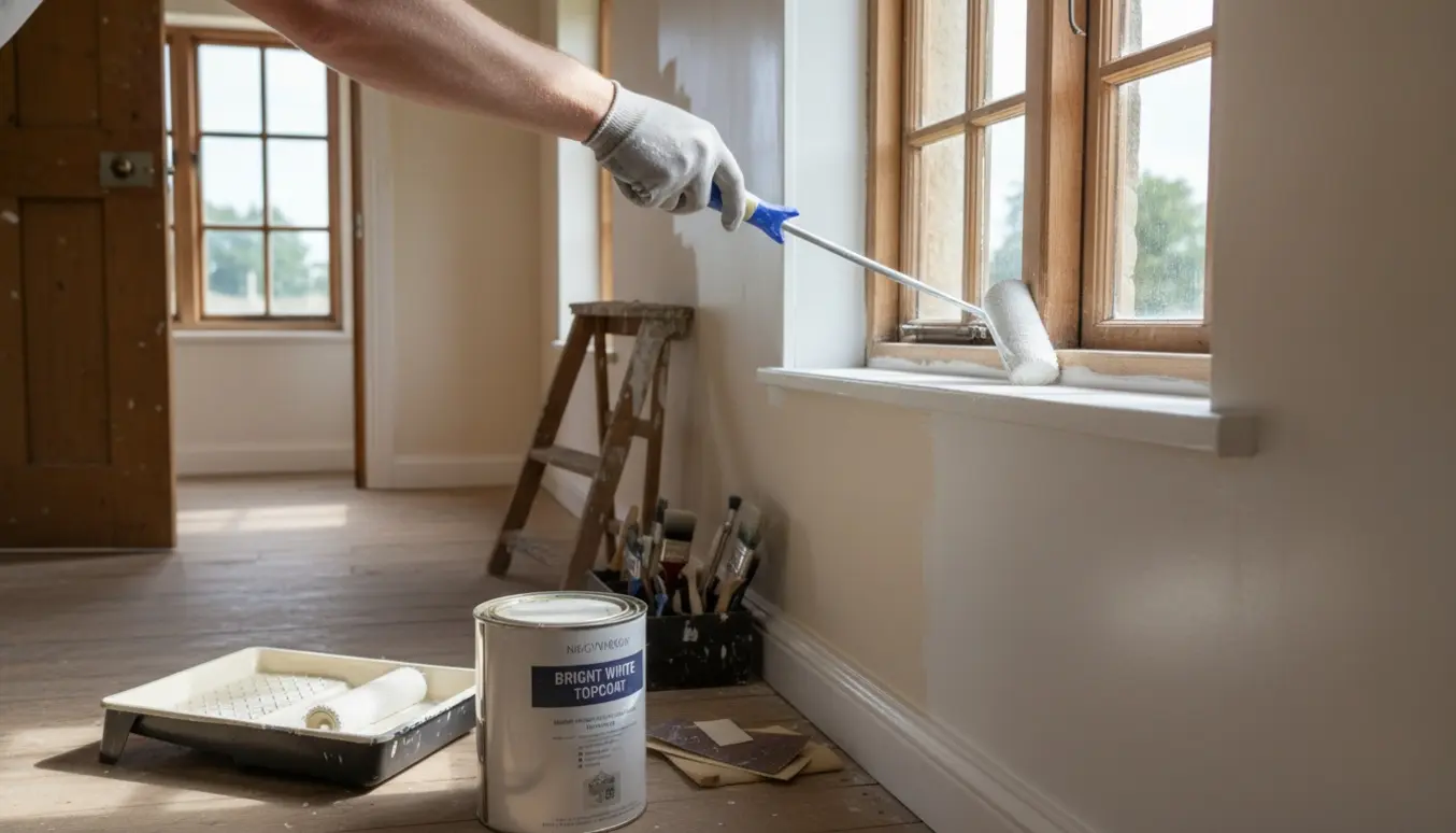 Interiør af kolonihavehytte under maling med hænder, der ruller primer og hvid maling på vindues- og dørkarme.
