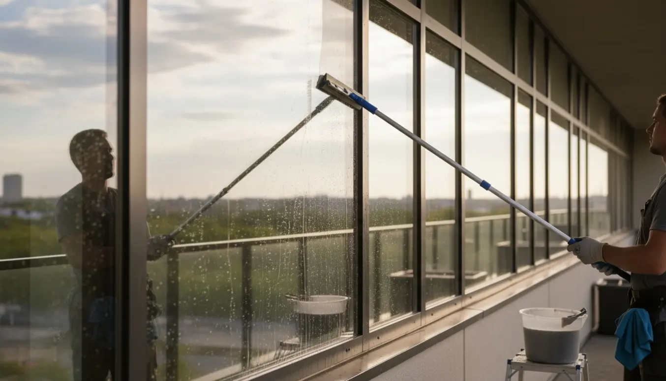 Udvendig vinduespudsning på en moderne bygning med skuresvaber og spand, tæt på uden synligt ansigt.
