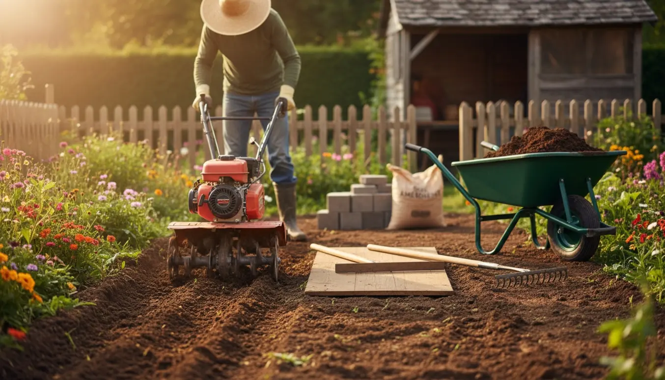 Et lille haveareal fræset og planeret med minifræsser, rive og planeringsbræt.