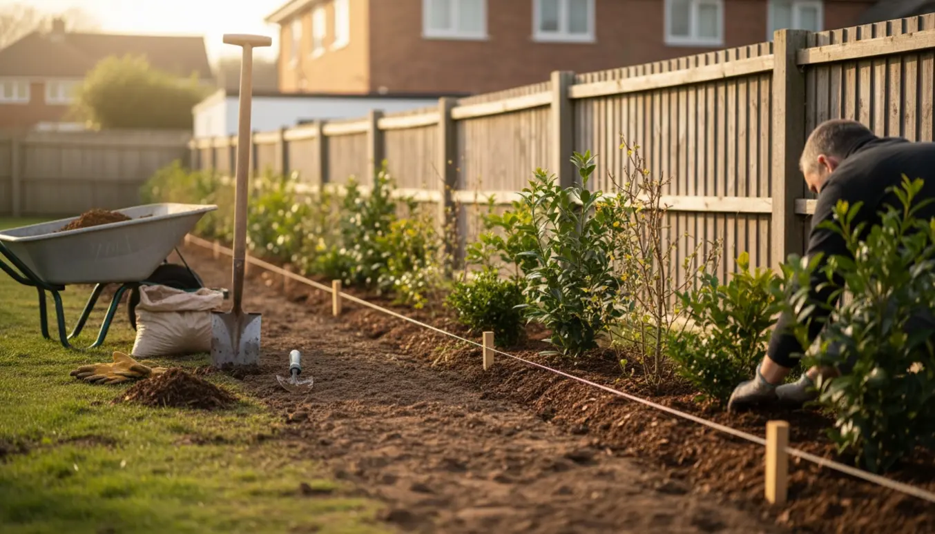 Nyplantet hæk langs naboskel med unge buske, muld og haveredskaber i blødt sollys.