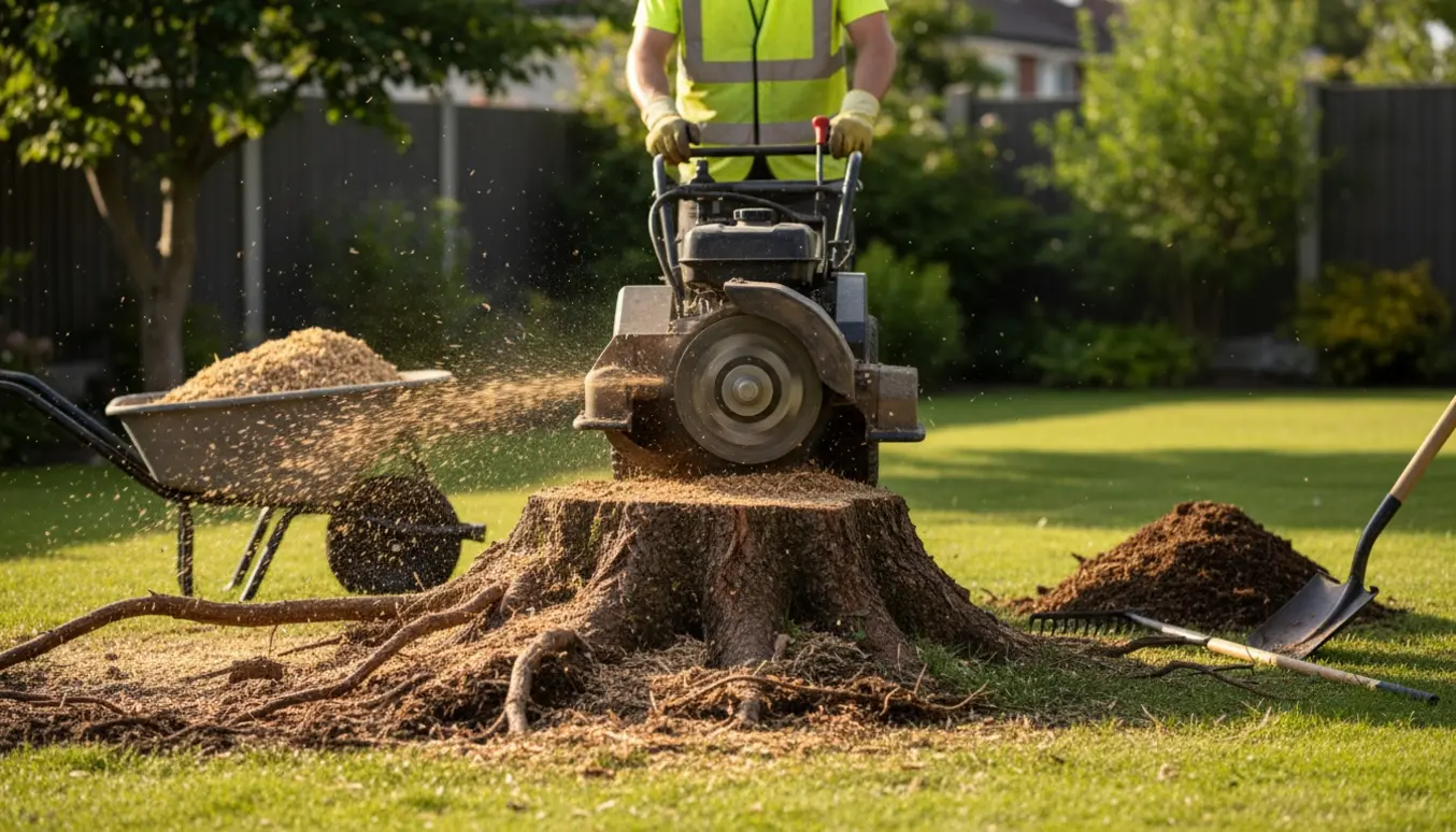 En stubfræser fjerner en stor træstub i en have med træflis og værktøj ved siden af.