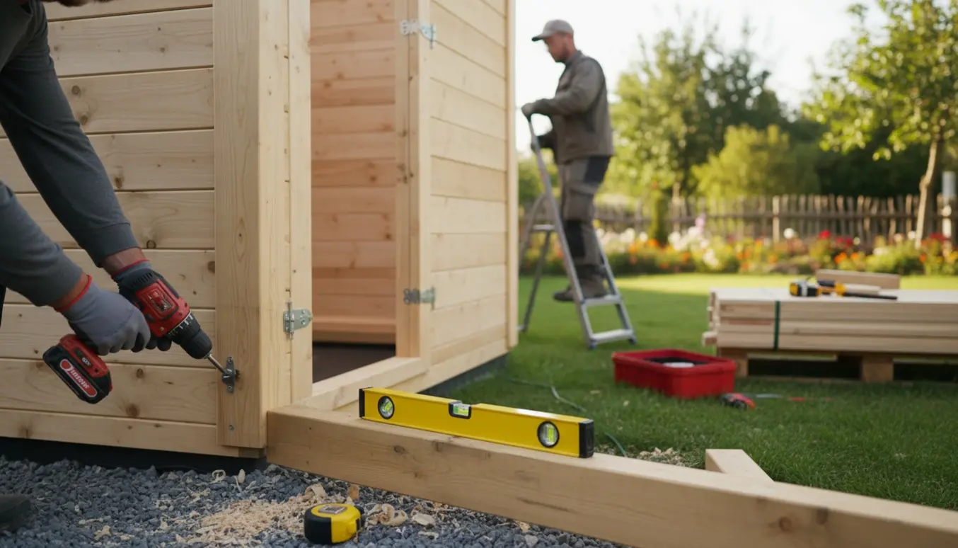 Partielt monteret 11,5 m2 havehus i baghaven, hænder med boremaskine fastgør træpaneler.