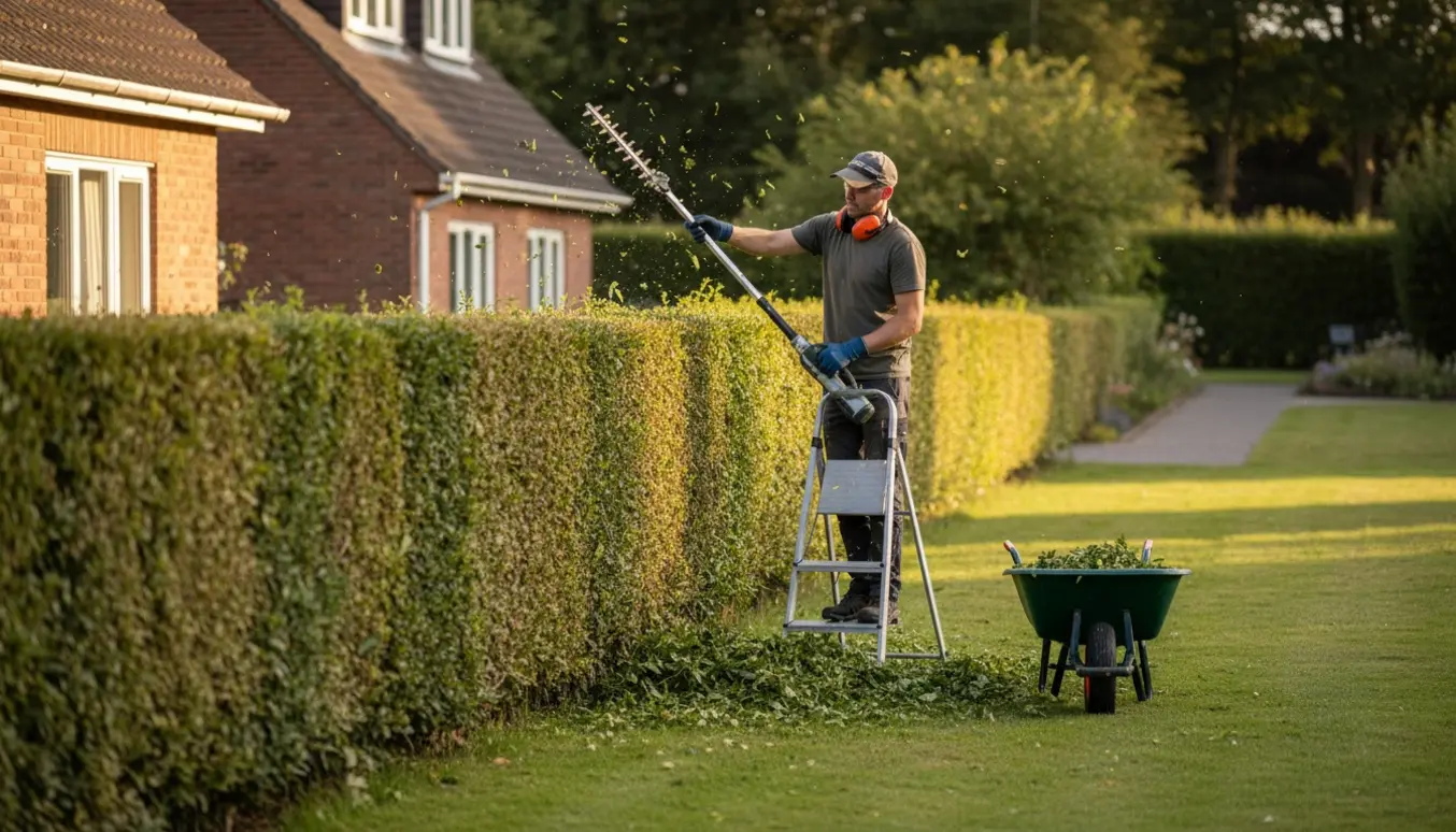 Rygvendt person klipper toppen af en lang havehæk med en teleskophækkeklipper og nyklippede blade på græsset.