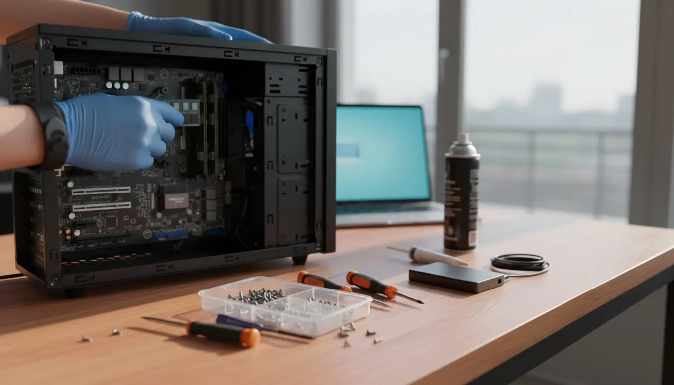 Åben pc på et lyst skrivebord med hænder, der tilslutter komponenter og værktøj ved siden af.