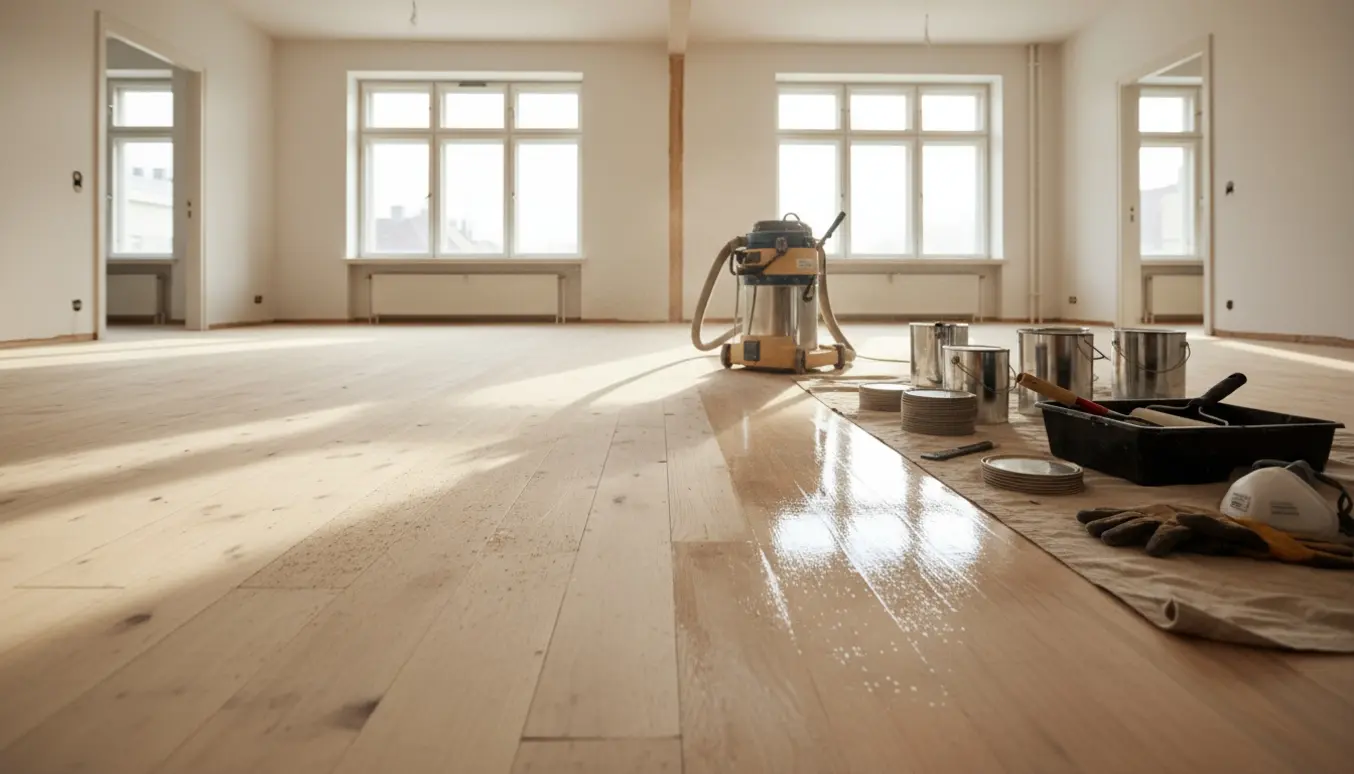 Tom lejlighed med delvist afslibet og nylakeret trægulv omgivet af gulvsliber og lakudstyr i blødt dagslys.