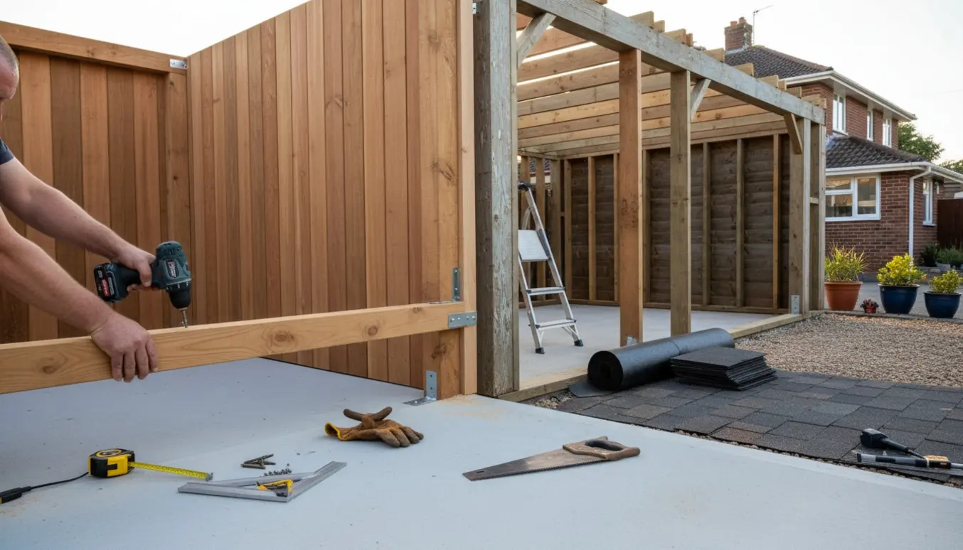 Håndværker monterer nyt træ i forlængelse af en gammel carport i en villahave.