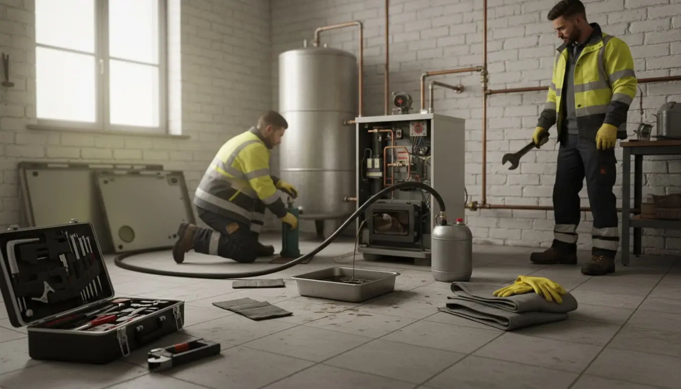 Teknikere forbereder afmontering af oliefyr og overjordisk tank i et bryggers med værktøj og opsamlingskar.
