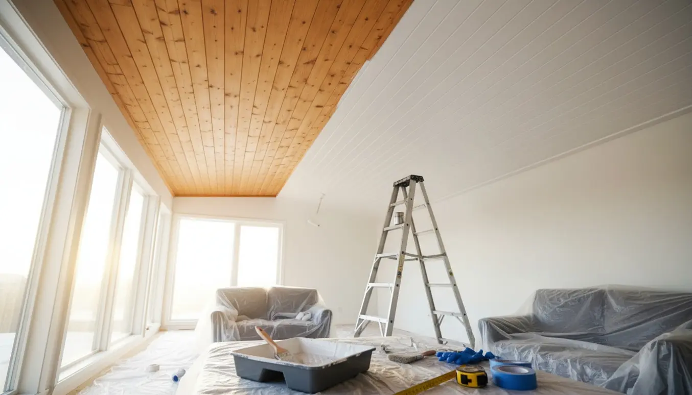 En maler på stige maler et træloft hvidt med malerrulle og afdækningsmaterialer i et lyst rum.