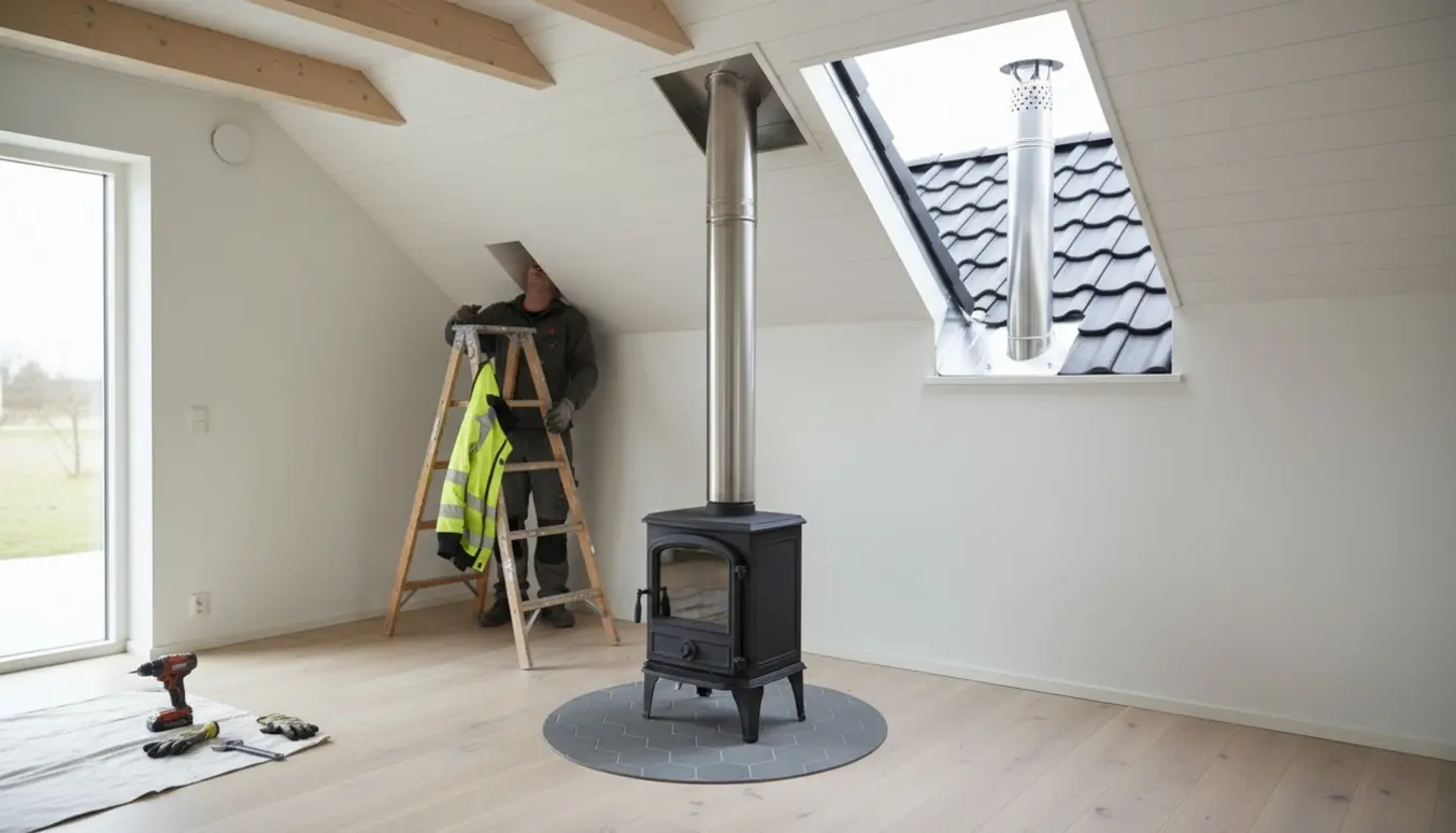 En moderne brændeovn med skorsten, hvor flue går lige op gennem loft og tag, installeret i en lys stue.