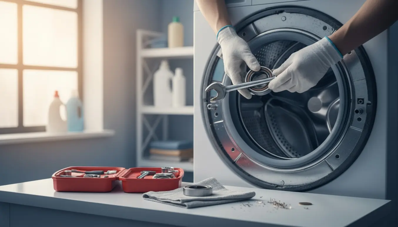 Nærbillede af en åben vaskemaskine med synlig tromle, mekanikerhandsker, værktøj og et udskiftet leje.