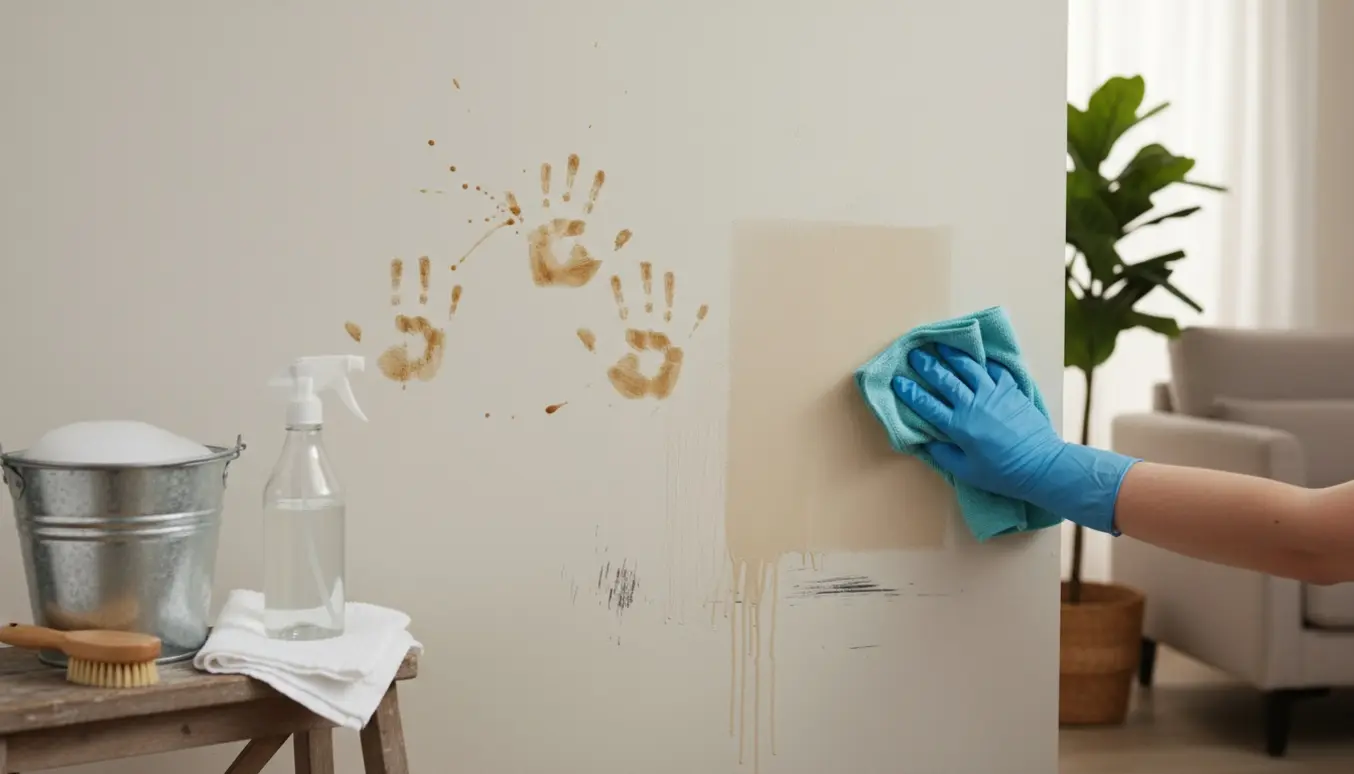 En person tørrer pletter af en væg med en svamp og en spand sæbevand i et lyst rum.