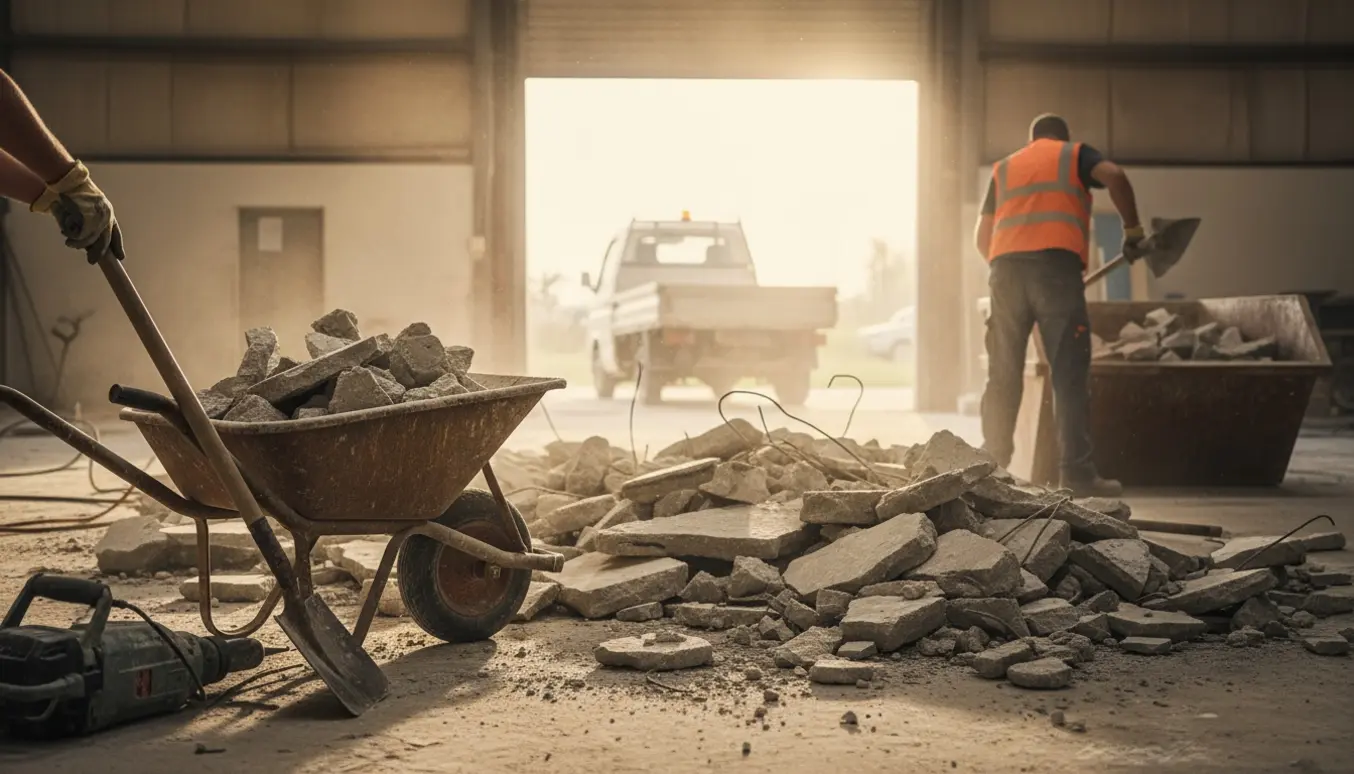 Brudt betongulv i et hus under renovering, håndværker læsser betonaffald i en container ved en åben dør.