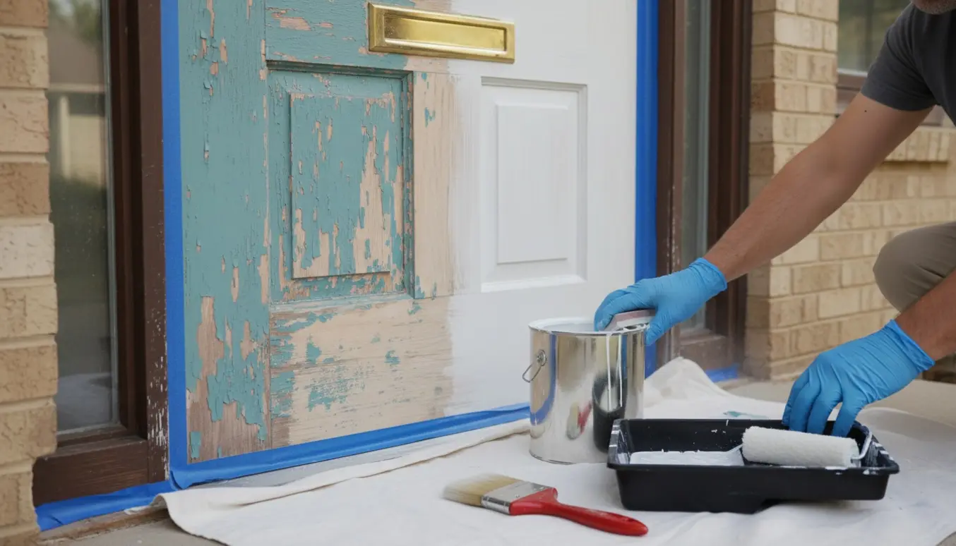 Hoveddør under opfriskning med afskallet maling, slibning, grunder og malerbøtte.