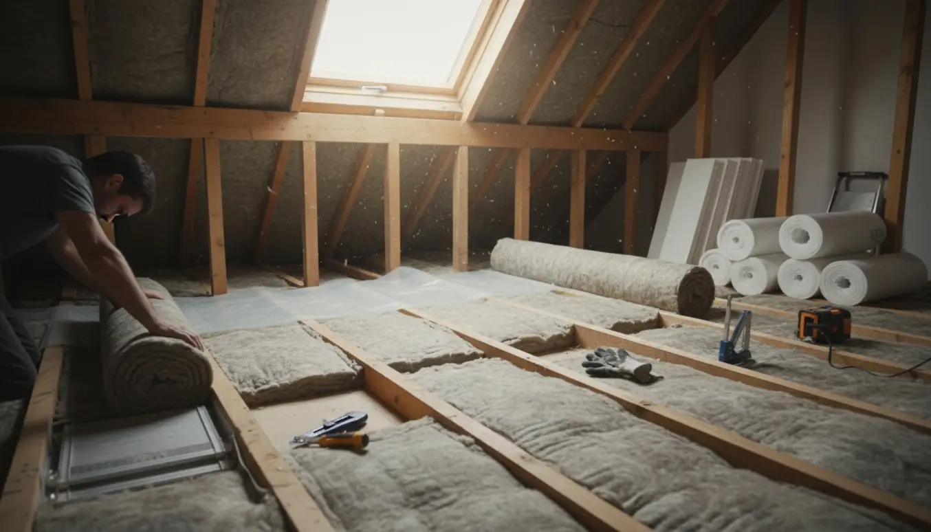 Loft under isoleringsarbejde med mineraluld mellem bjælker og tydelig ventilation ved tagfoden.