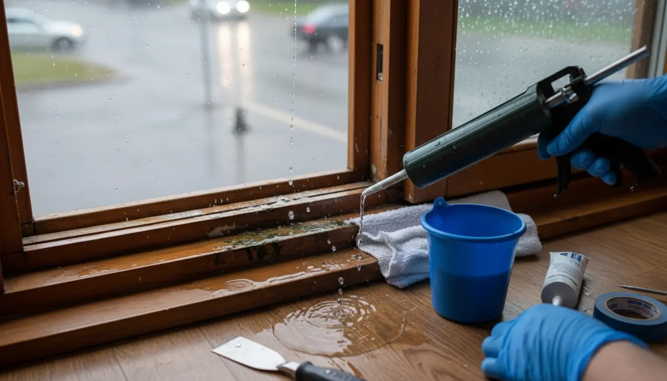 Utæt vindueskarm med vand, spand og fugepistol klar til reparation.