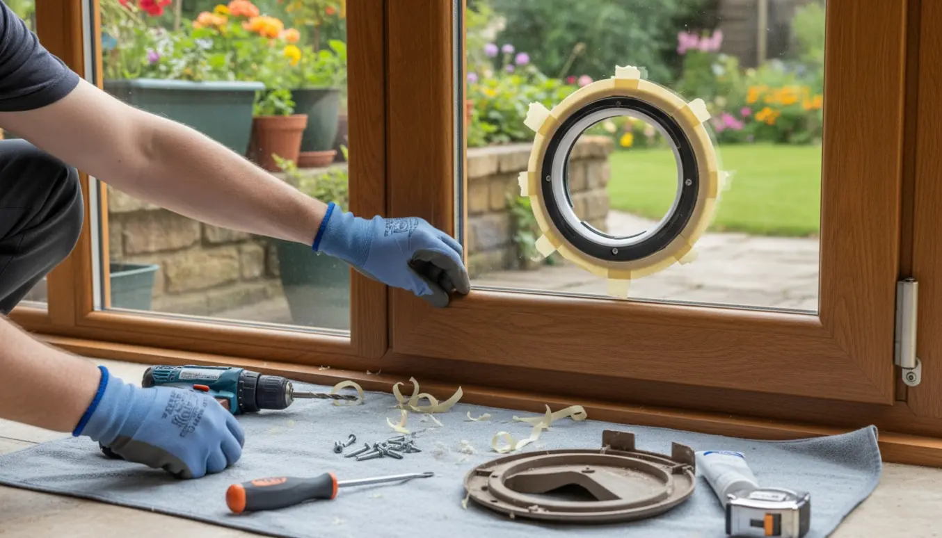 Hænder monterer en ny kattelem i en udestuedør med værktøj og den gamle lem ved siden af.