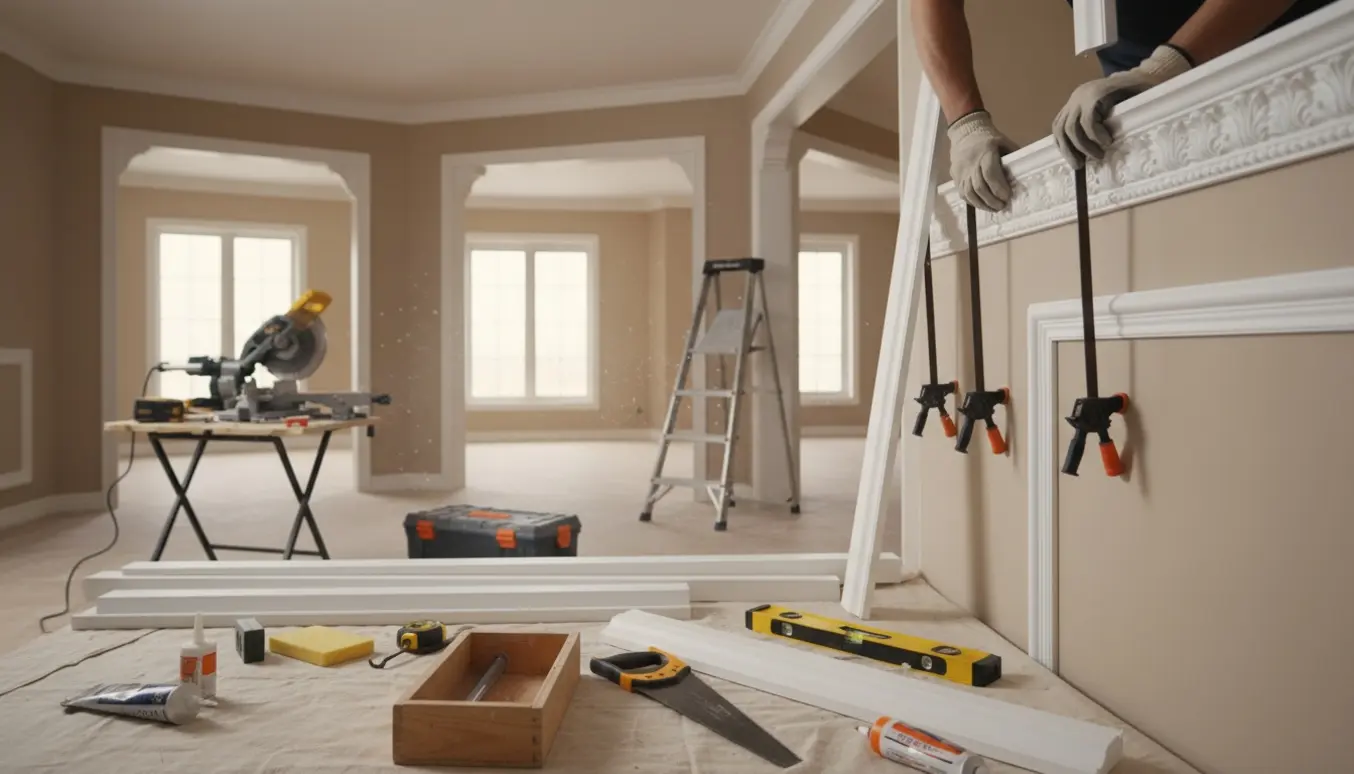 Nærbillede af montering af polyurethan-stuk i et loftshjørne med værktøj og skåret profil i et lyst rum.