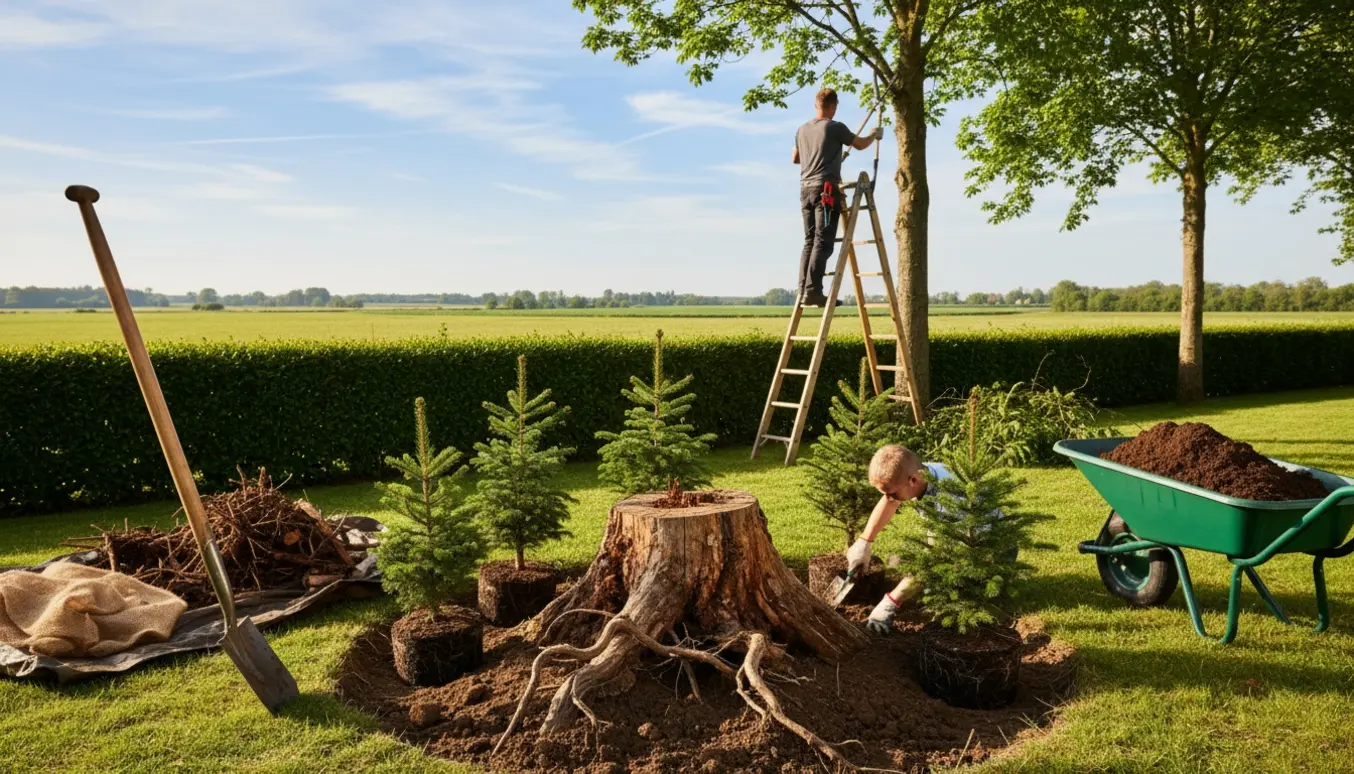 Tre små granplanter sættes ved en stor træstub i et levende hegn, mens en person beskærer høje træer ud mod markerne.