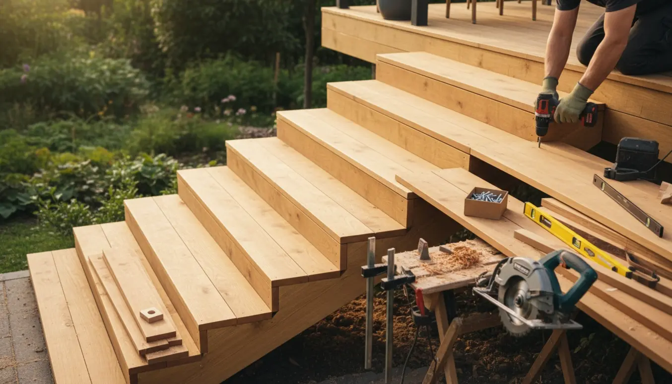 Montage af bred trappe i sibirisk lærk fra terrasse ned i haven, håndværkerens hænder skruer plankerne fast.