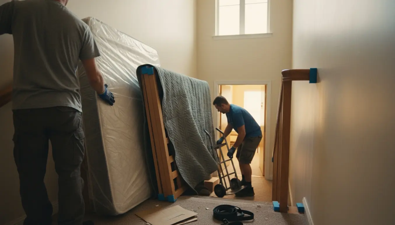Flyttefolk placerer en indpakket seng i opgangen uden at vise ansigter.