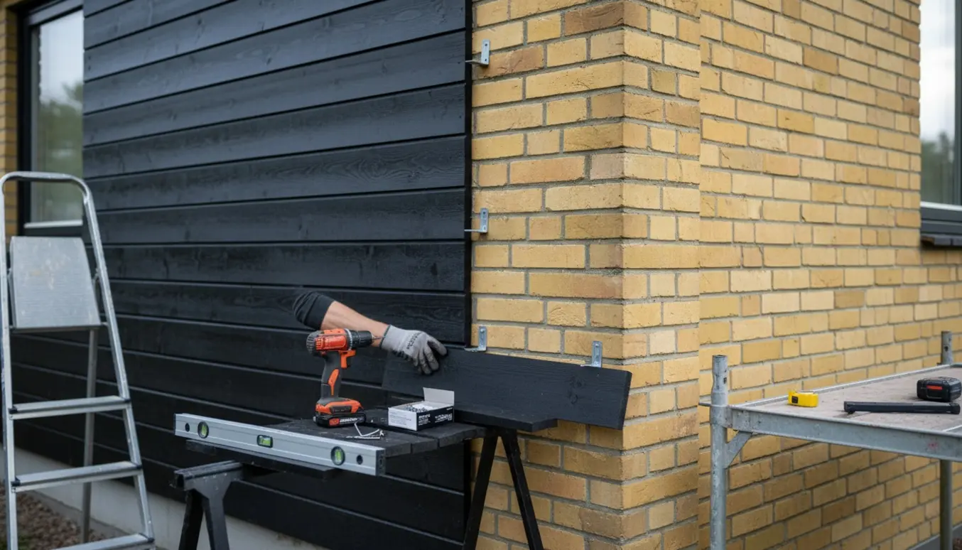 Side af et gult murstenshus under beklædning med sortmalede træplanker og klemlister, værktøj i forgrunden.