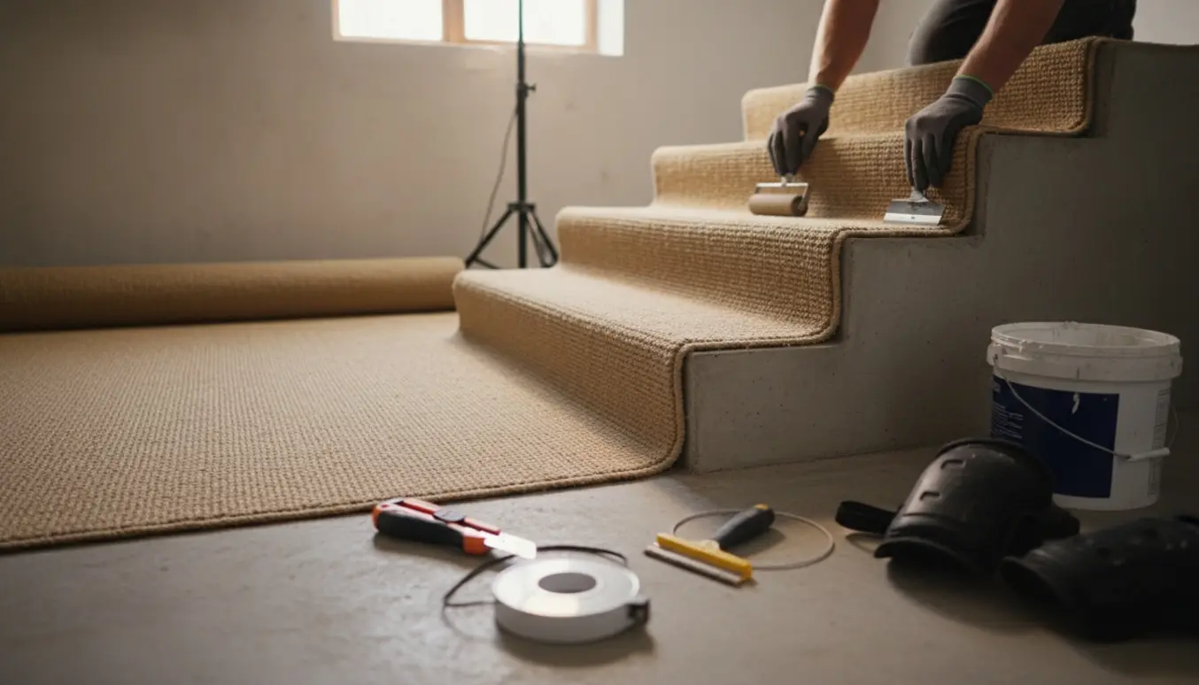 Sisal tæppe monteres i en kælder på gulv og tre trappetrin med værktøj omkring.