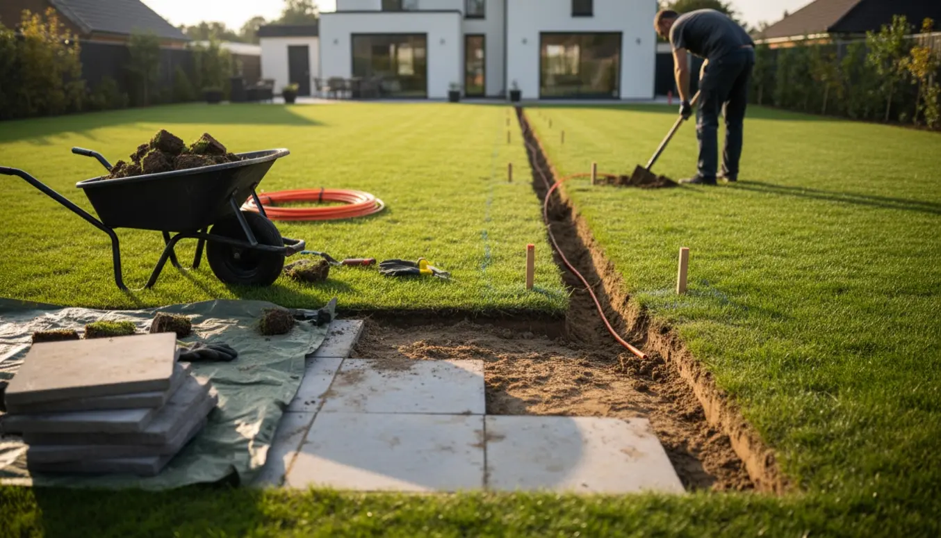 Grøft i græsplæne og fjernede terrassefliser klar til installation af ladeboks.
