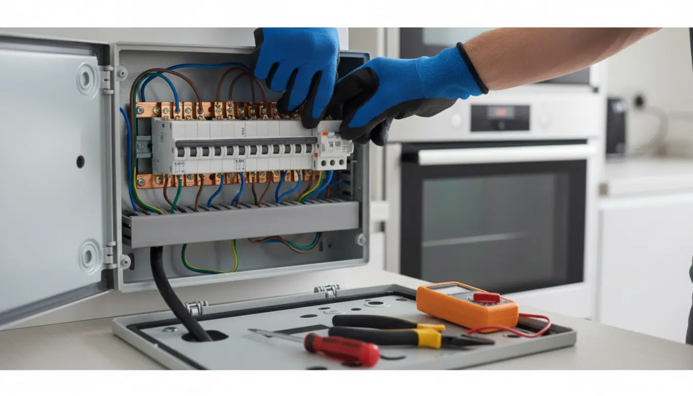 En elektriker udskifter en sikringsgruppe i en eltavle med et komfur i baggrunden.