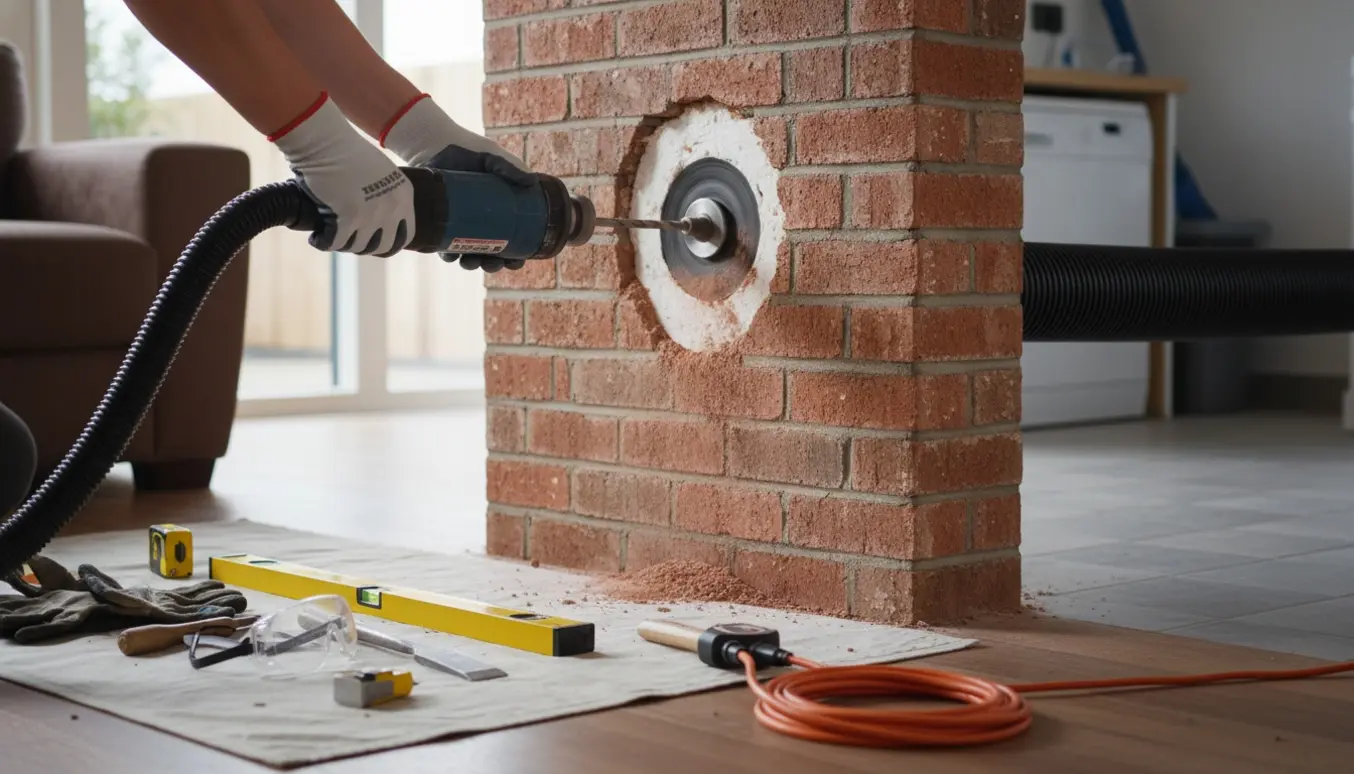 Forberedt hul i dobbelt murstensvæg med værktøj og plastik tunnelrør klar til montering af kattetunnel.