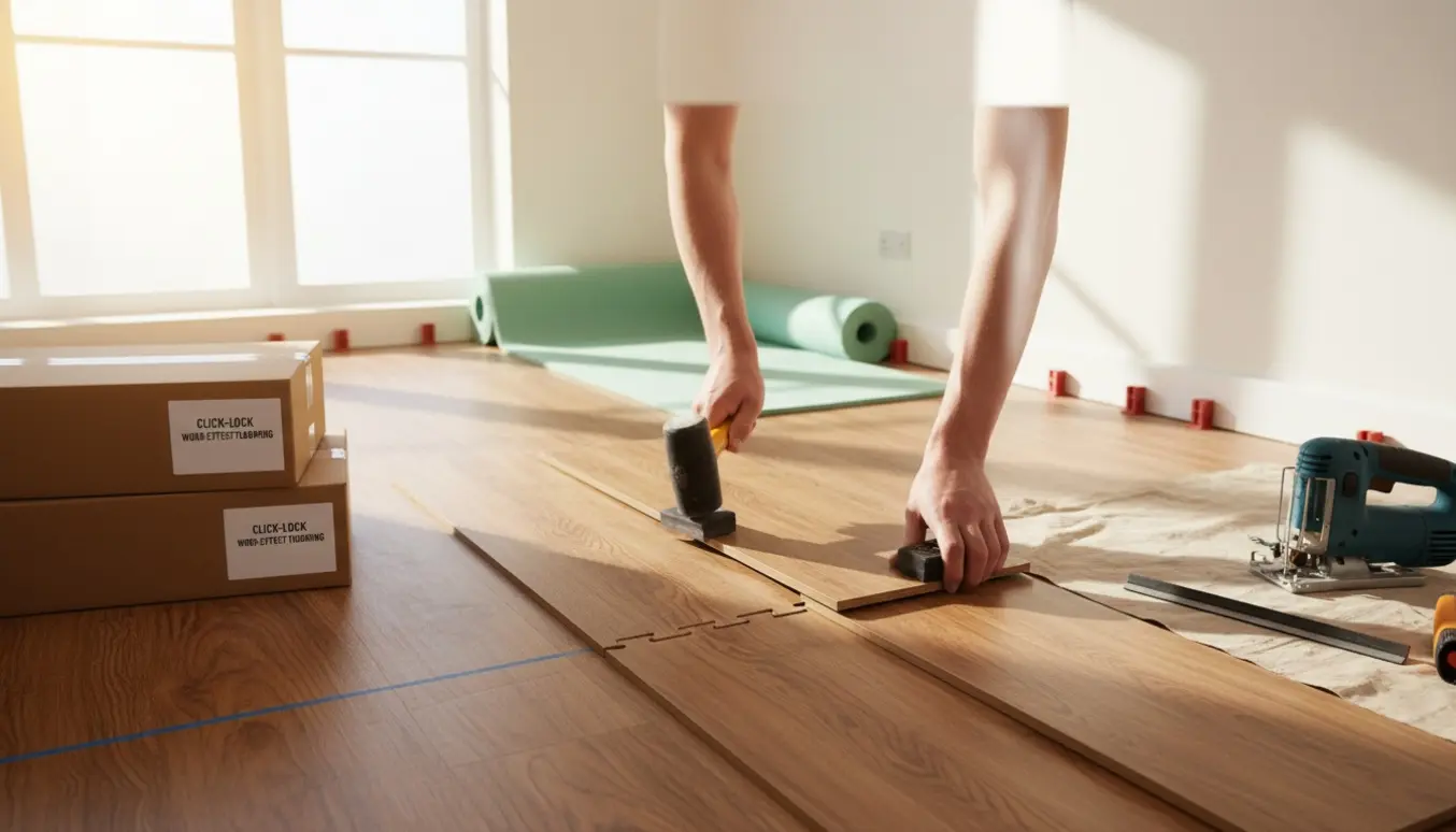 Håndværker lægger klikgulv i et lyst rum med træplanker og værktøj.
