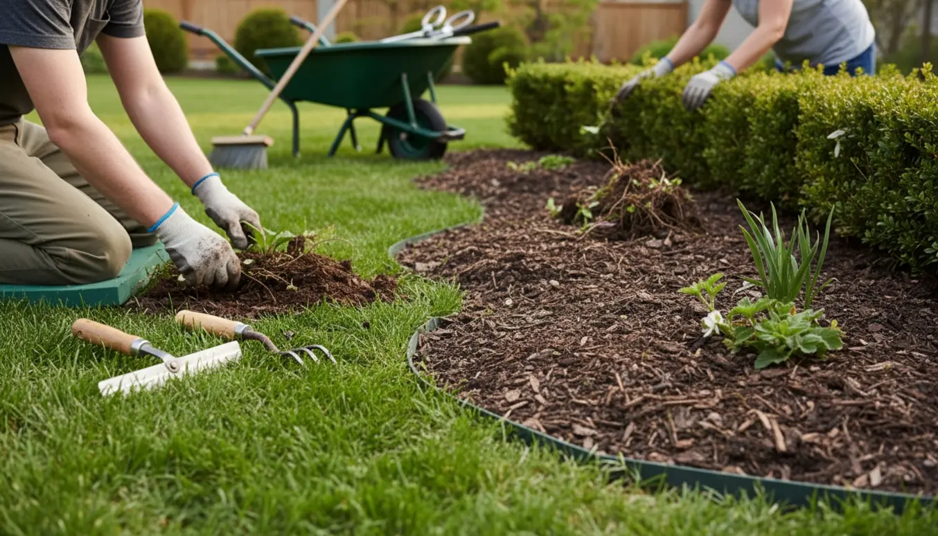 Nærbillede af hænder i handsker, der luger små bede, trimmer kant og fjerner ukrudt under en hæk i en velplejet have.