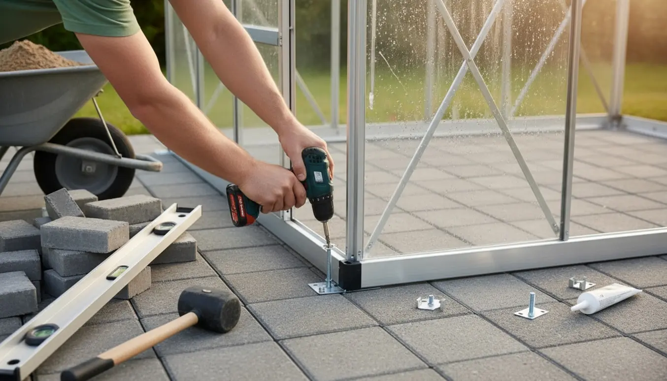 Delvist samlet drivhus monteres på nyanlagte fliser i en baghave med hænder og værktøj i fokus.