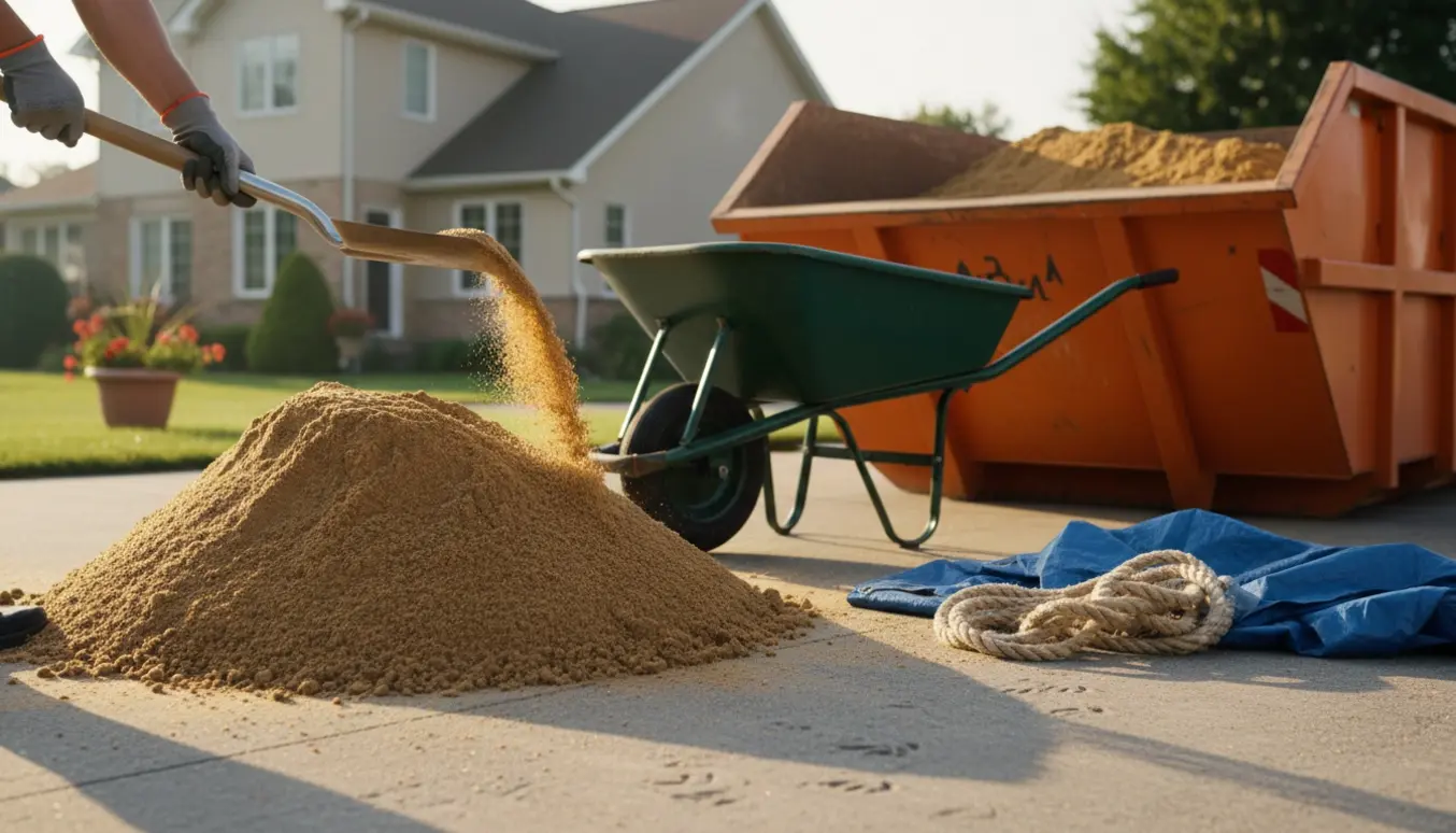 En trillebør fyldt med sand bliver læsset fra en skovl ved en åben tipvogn klar til bortkørsel.